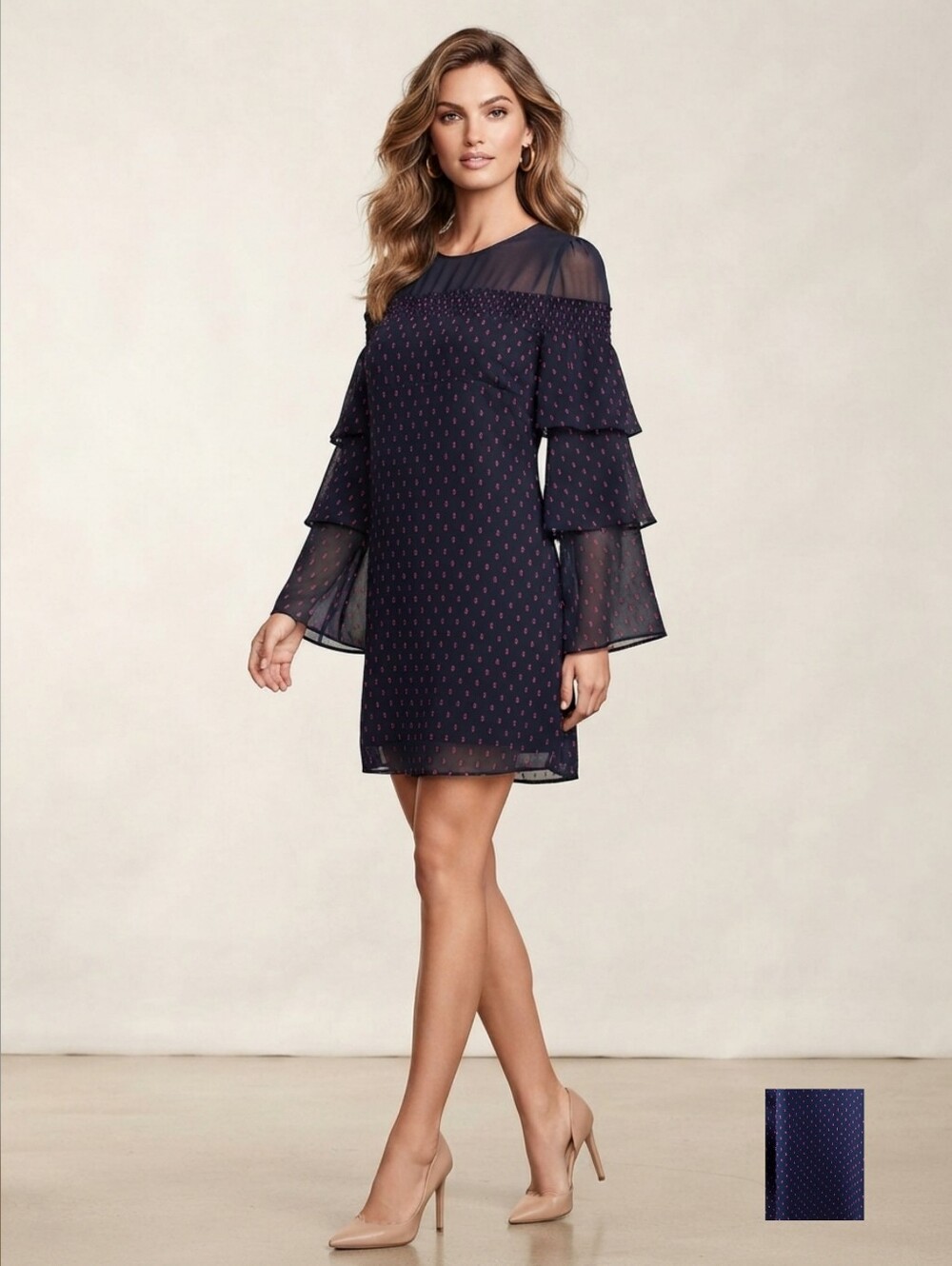 Women's Chiffon Navy And Pink Ruffle Sleeve Polka Dot Shift Dress Medium